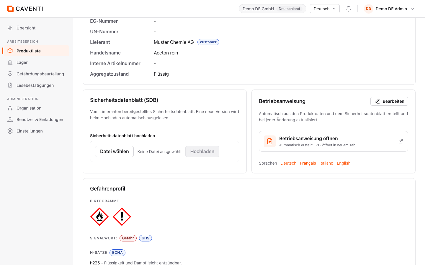 Produktdetailseite von Aceton technisch mit der Karte Betriebsanweisung.