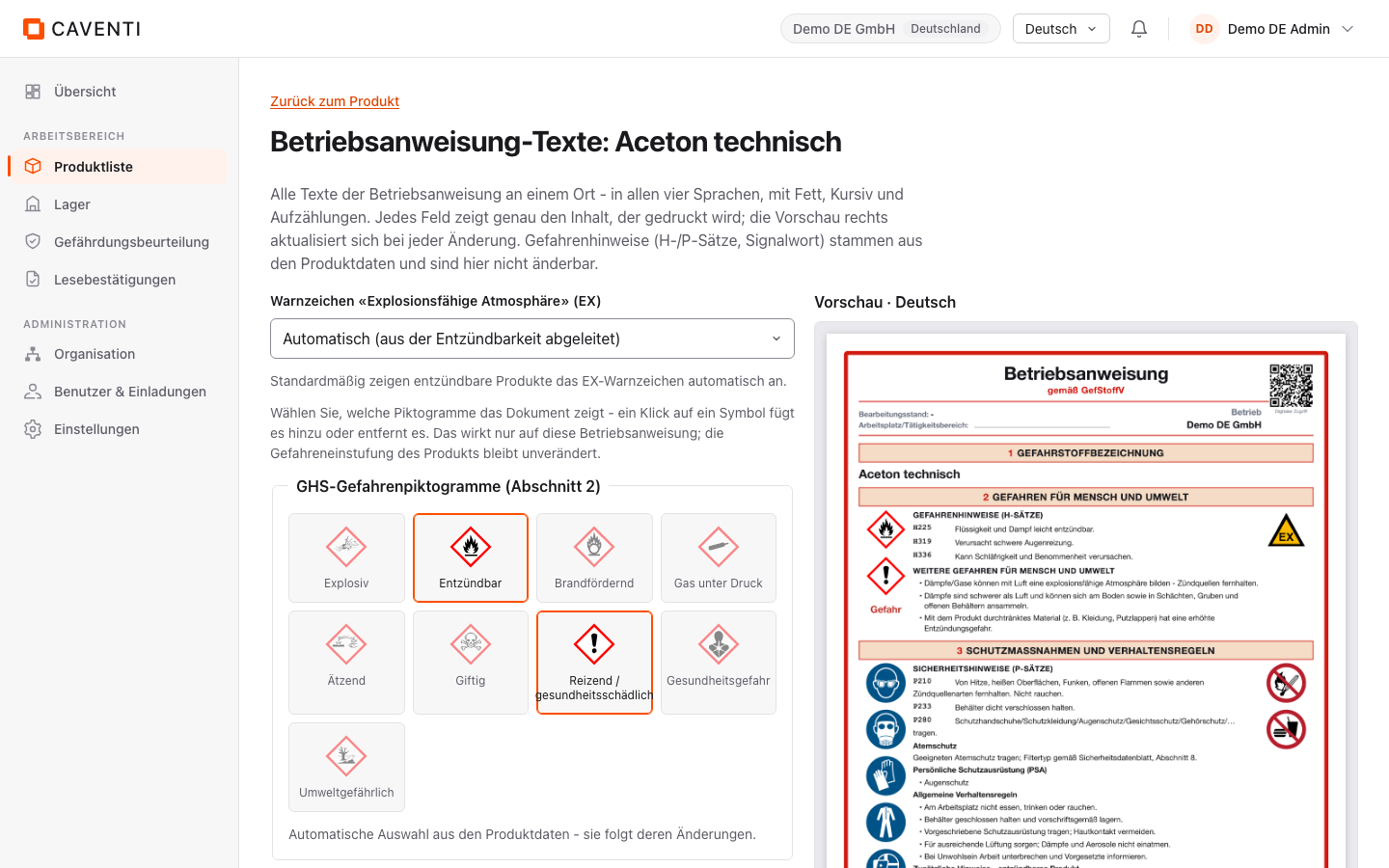 BA-Texteditor mit Sprachreitern und fester Vorschau rechts.