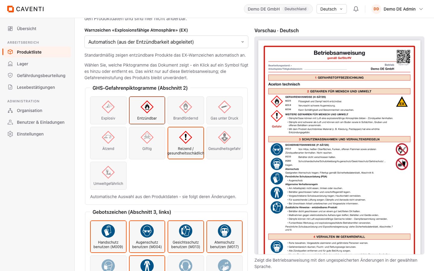 Piktogramm-Katalog mit aktiven Kacheln Entzündbar und Reizend / gesundheitsschädlich und EX-Auswahlfeld, daneben die Vorschau.