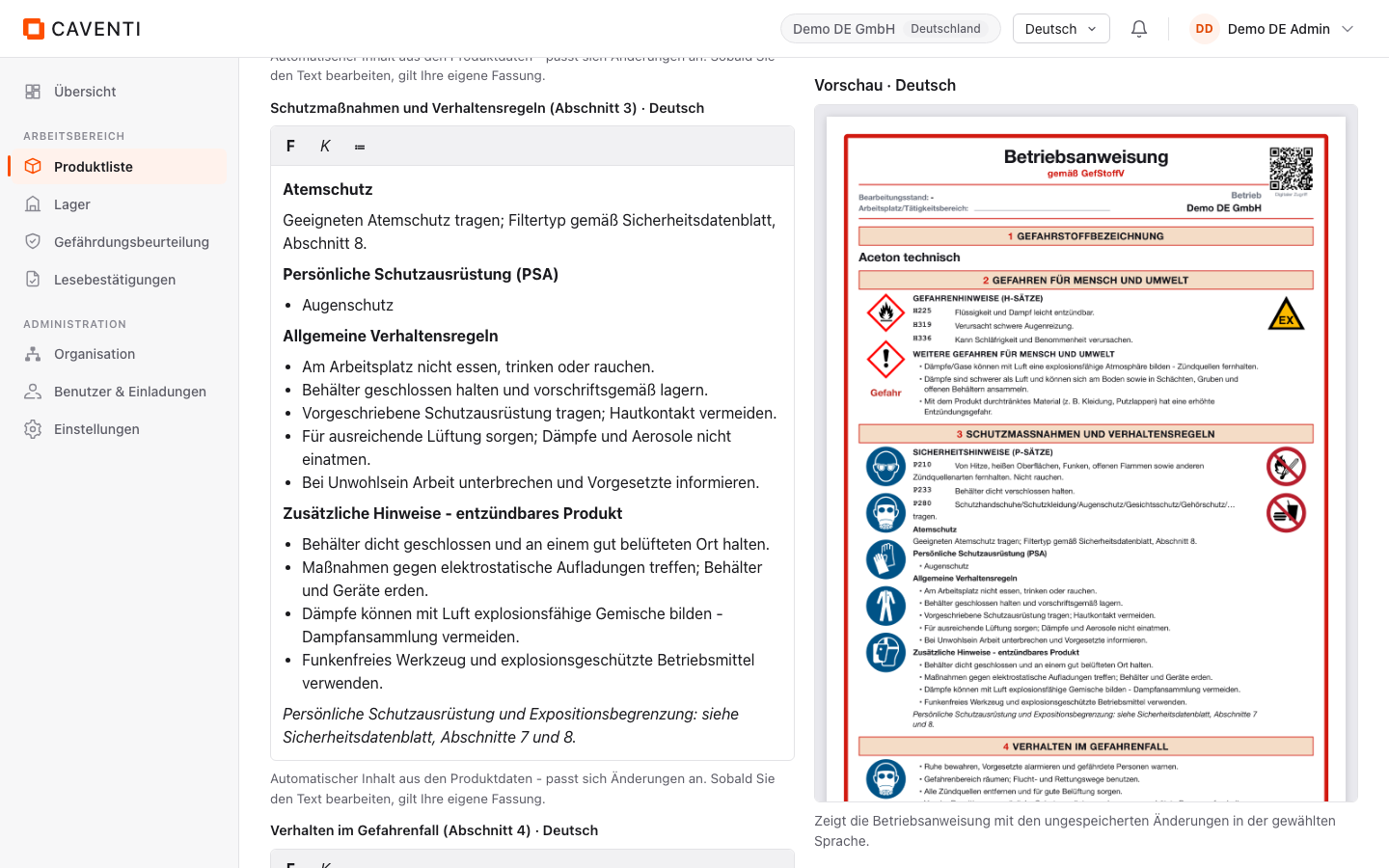Rich-Text-Feld Schutzmaßnahmen (Abschnitt 3) mit Atemschutz-, PSA- und Verhaltensregeln neben der Vorschau.