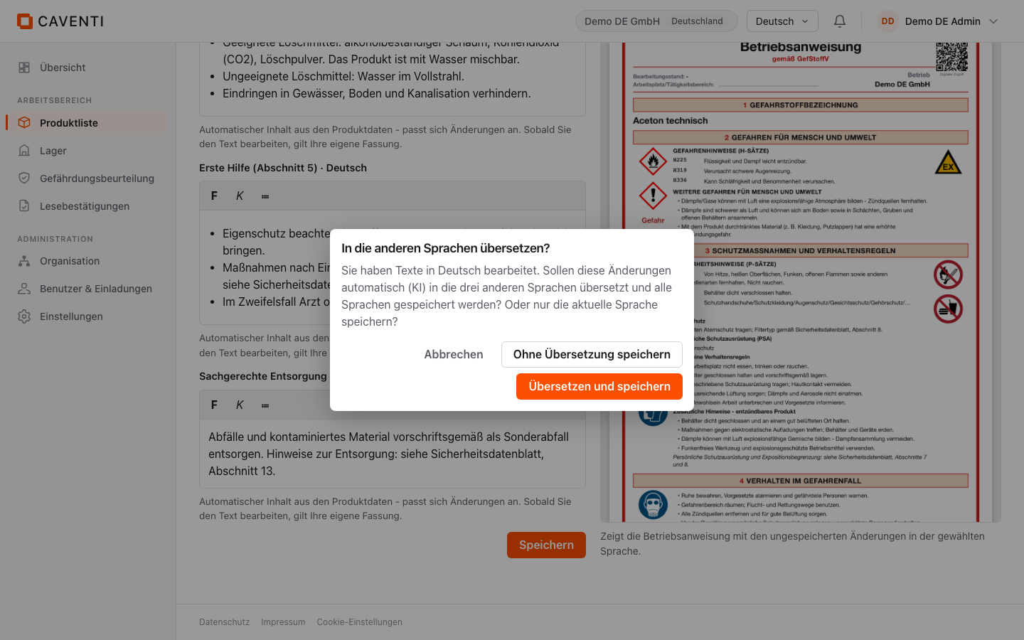 Dialog In die anderen Sprachen übersetzen? mit den Knöpfen Abbrechen, Ohne Übersetzung speichern und Übersetzen und speichern.