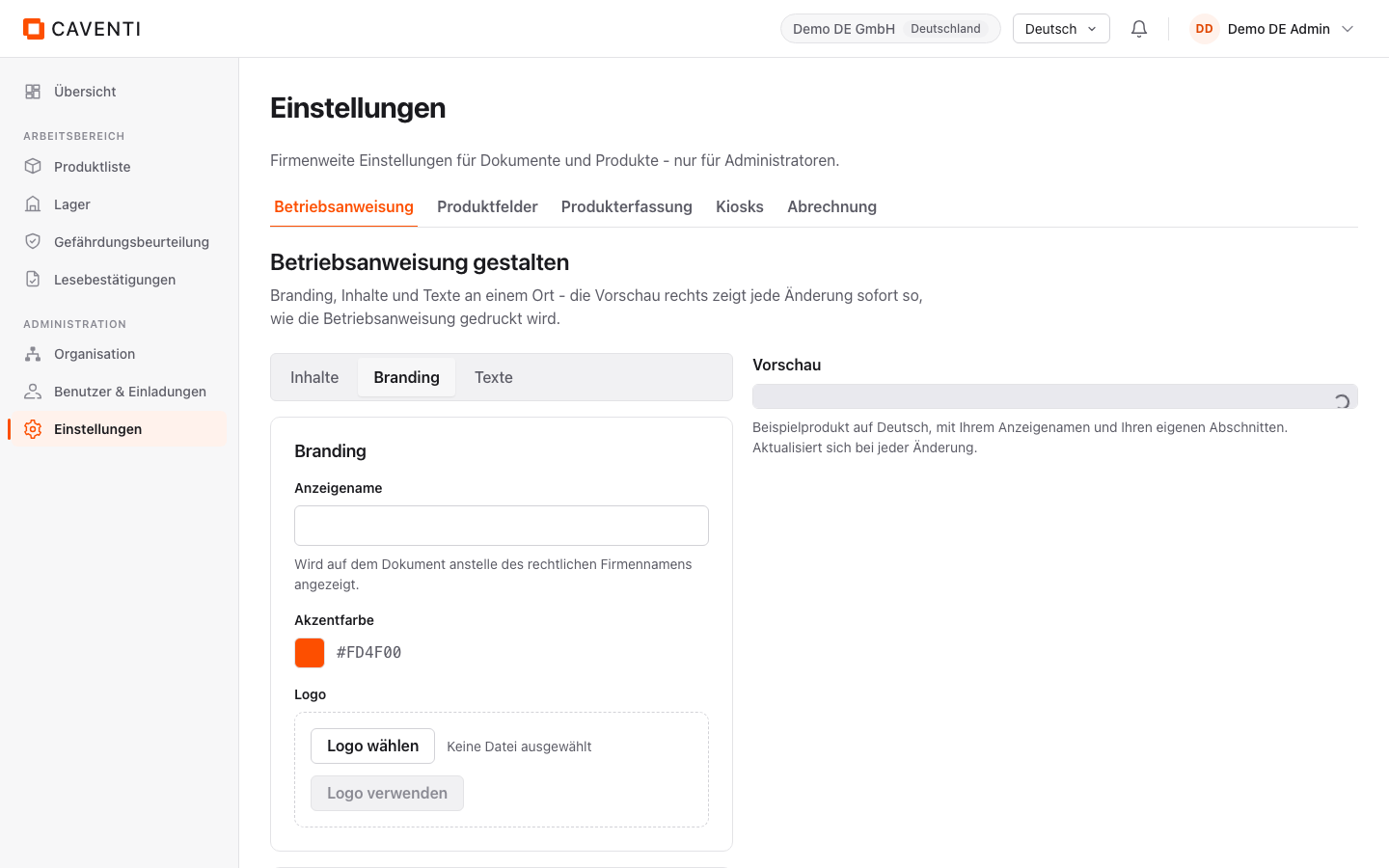 BA-Studio, Reiter Branding: Anzeigename, Akzentfarbe #FD4F00 und Logo mit Vorschau.