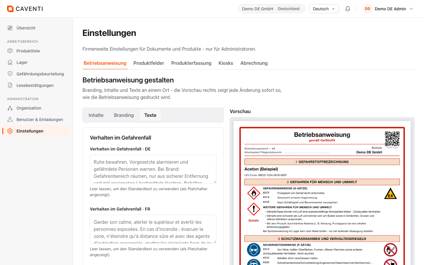 BA-Studio, Reiter Texte: Standardtext-Blöcke je Sprache mit Platzhalter-Hinweis und Vorschau.