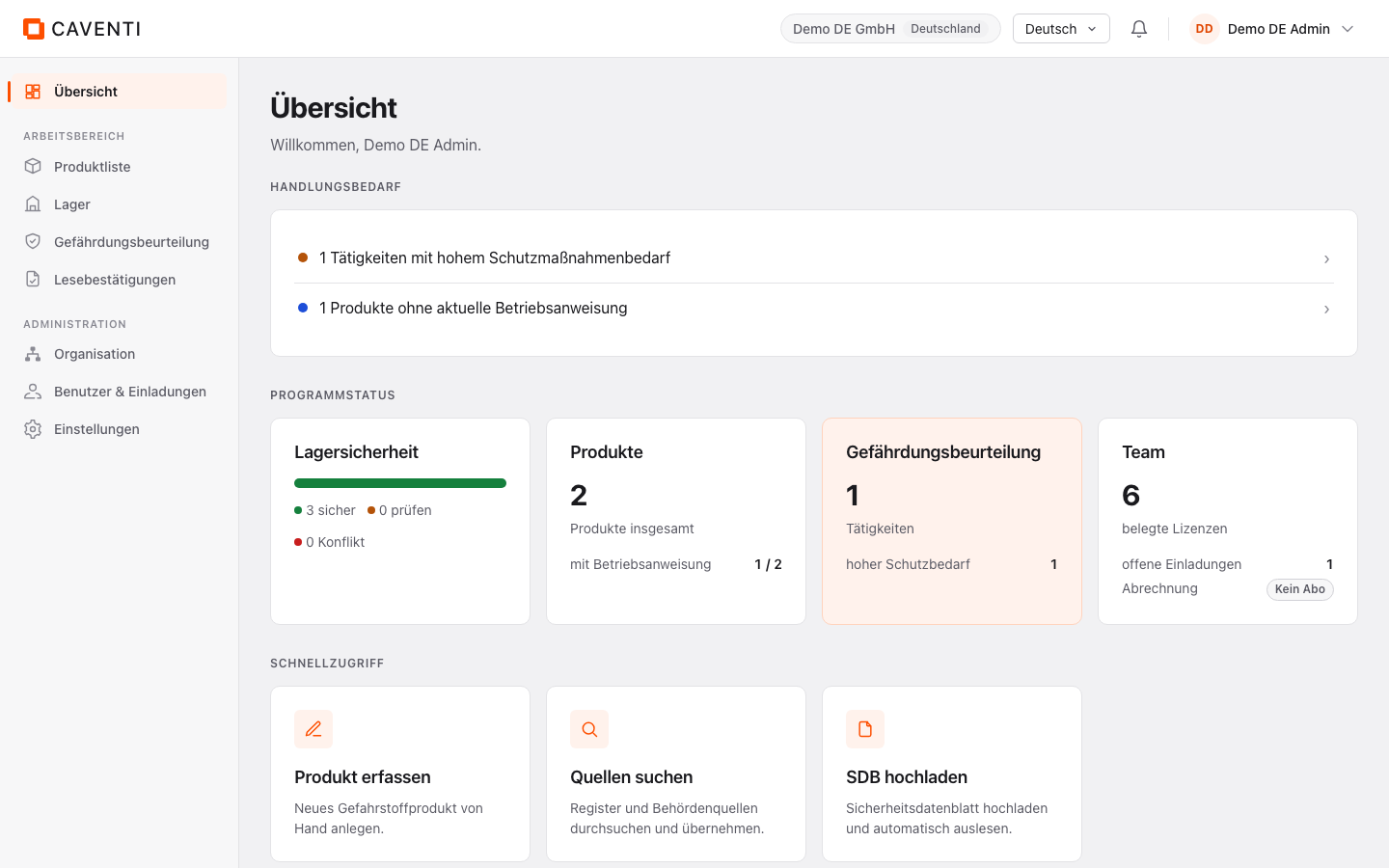 Übersicht auf Deutsch mit Handlungsbedarf, Programmstatus-Karten und dem Band Systemstatus Verbunden.