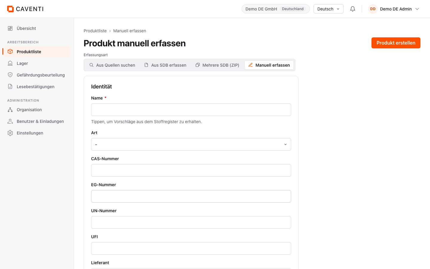 Formular Produkt manuell erfassen mit der Erfassungsart-Leiste und den Identitätsfeldern.