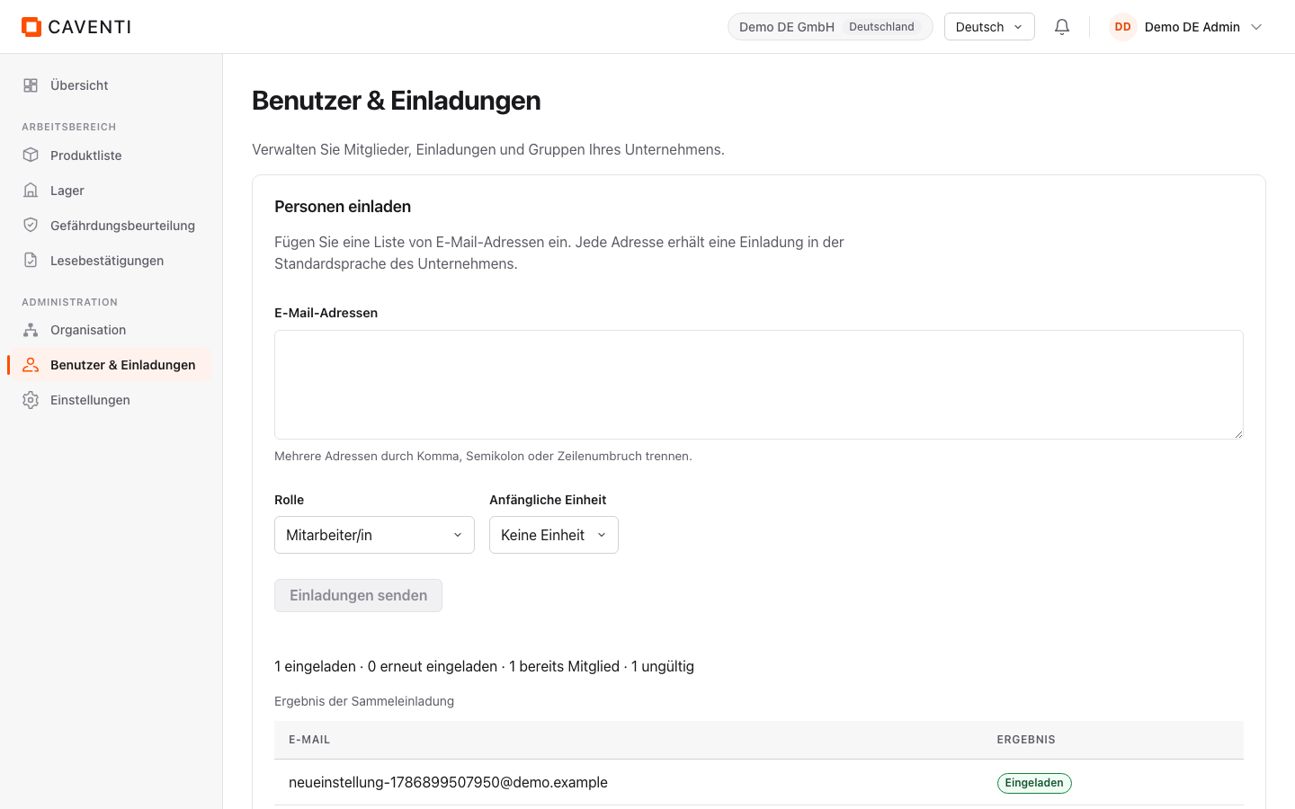 Ergebnis der Sammeleinladung mit den Badges Eingeladen, Bereits Mitglied und Ungültig.