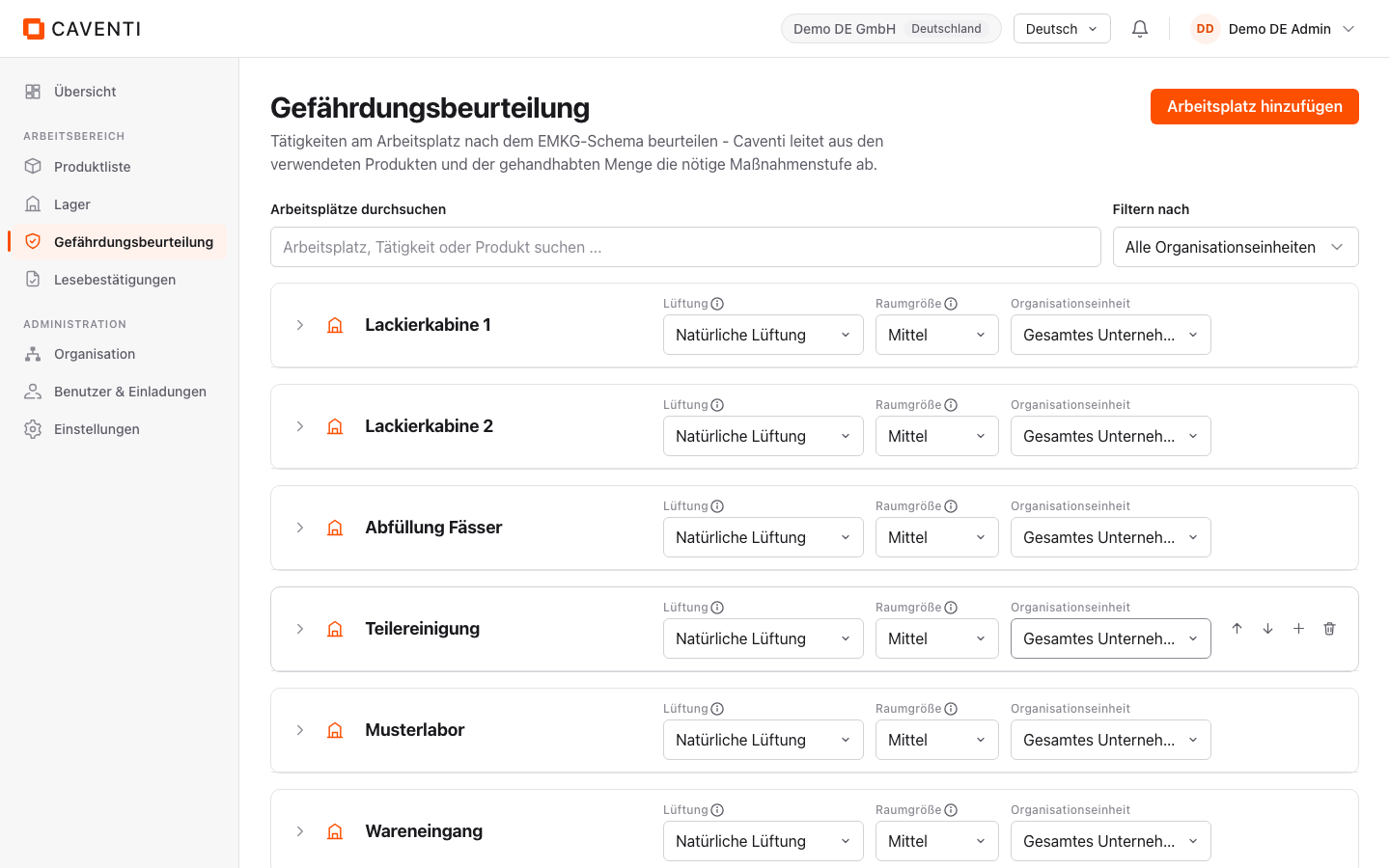 Gefährdungsbeurteilung mit zugeklappten Arbeitsplatz-Karten, Suchfeld und Organisationseinheit-Filter.