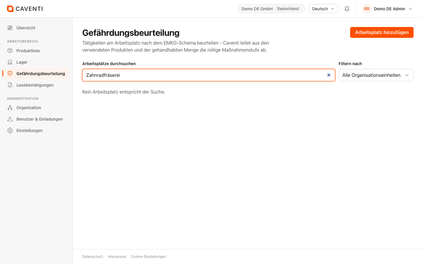 Leerzustand ohne Treffer: Kein Arbeitsplatz entspricht der Suche.