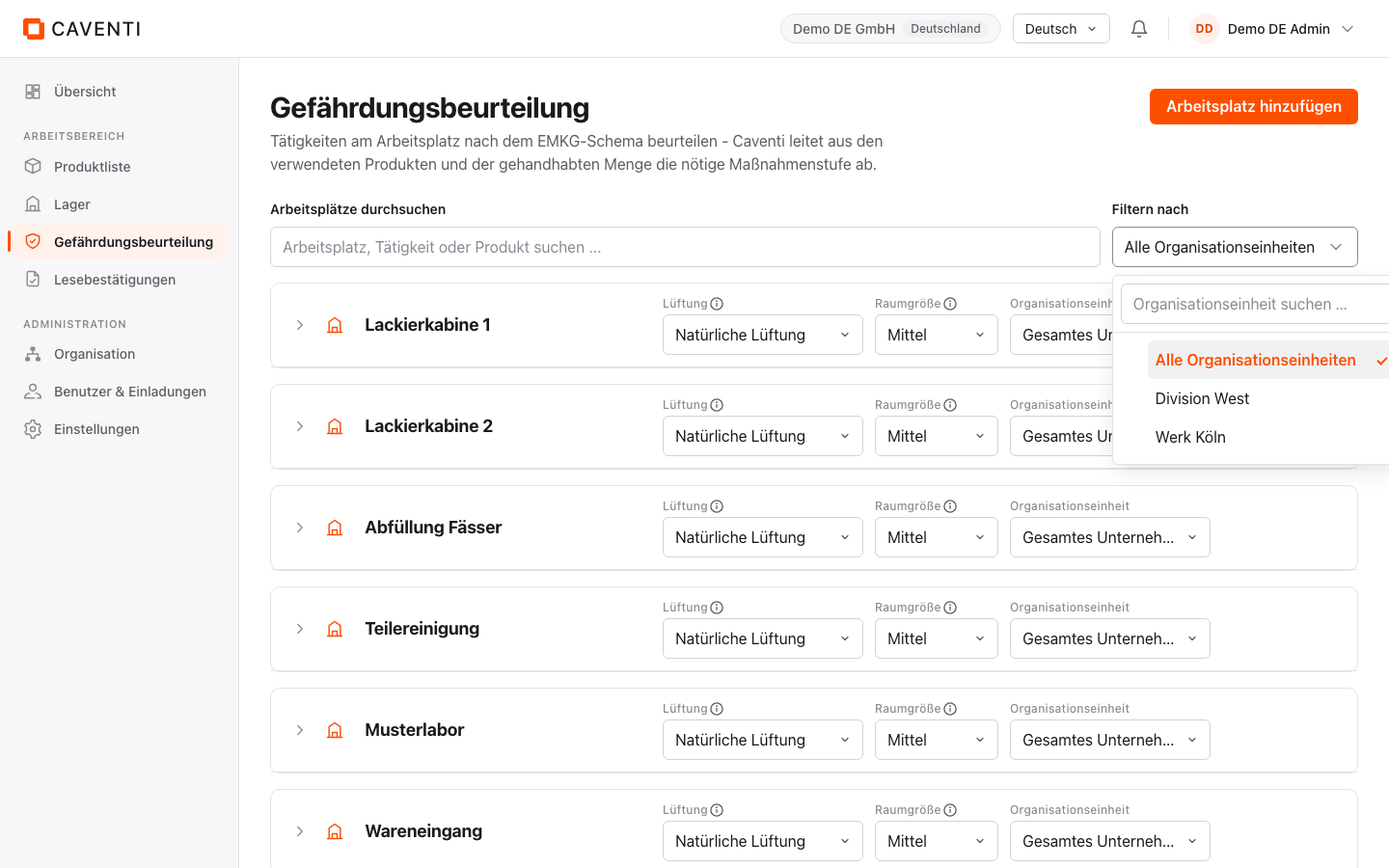Geöffneter Filter Filtern nach für die Organisationseinheit.