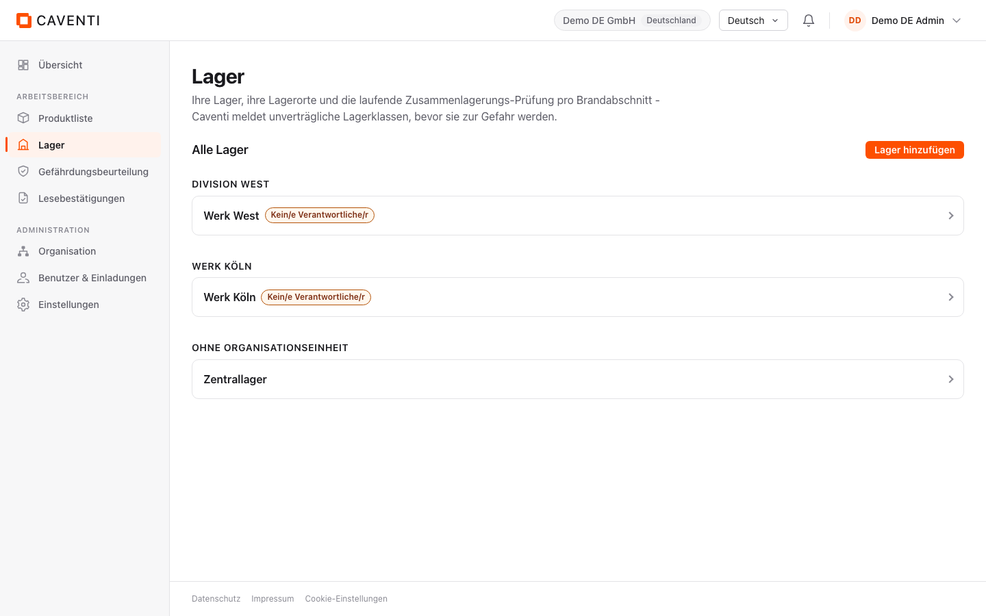 Lagerverzeichnis mit den Gruppen Division West, Werk Köln und Ohne Organisationseinheit; die Karte Werk West trägt das Badge Kein/e Verantwortliche/r.