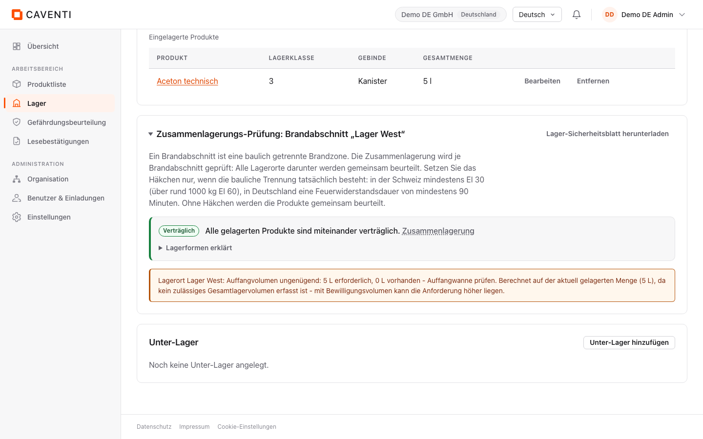 Lagerort Lager West mit eingelagertem Aceton technisch (Lagerklasse 3) und der Zusammenlagerungs-Prüfung-Karte.