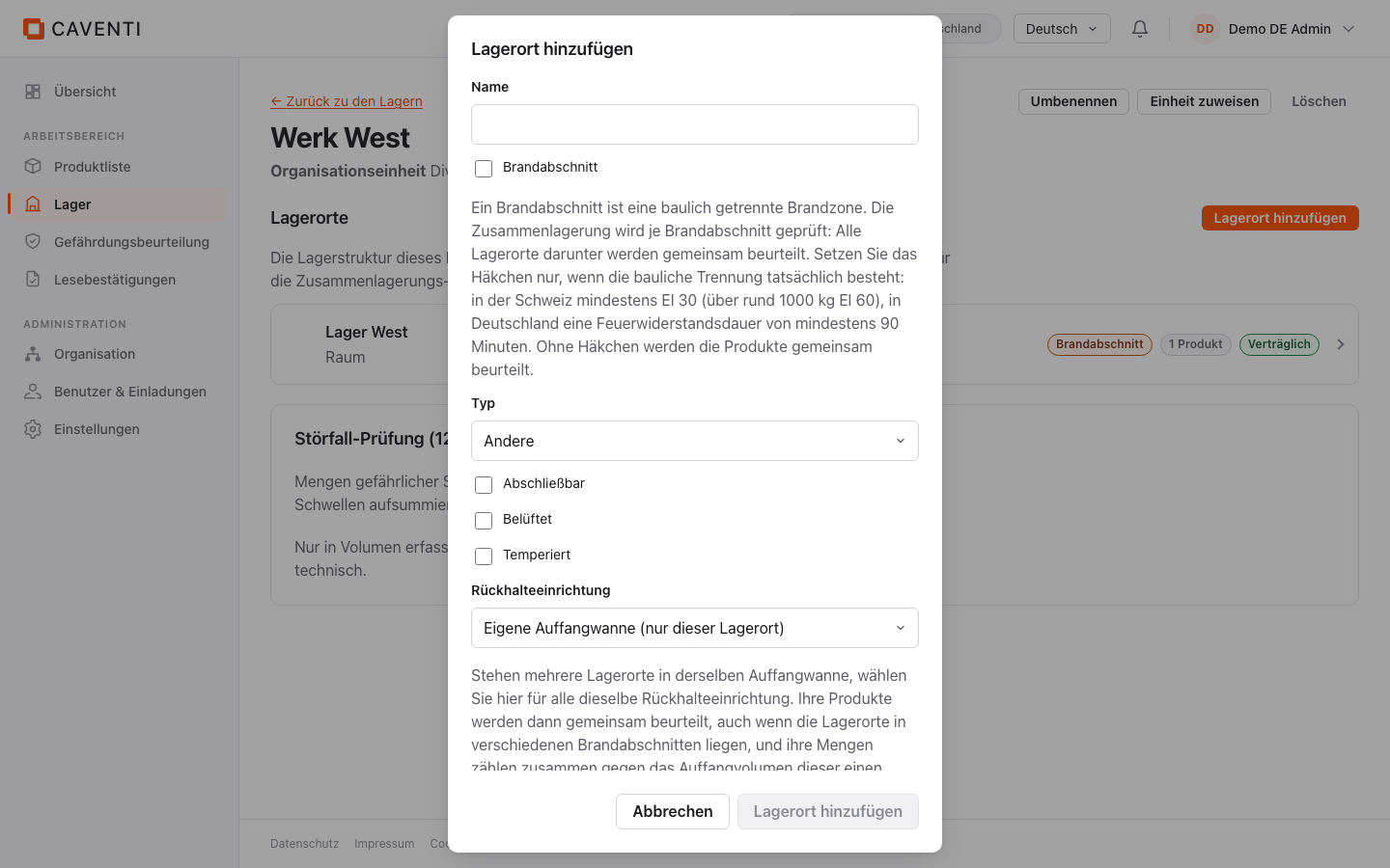 Dialog Lagerort hinzufügen mit der Checkbox Brandabschnitt (standardmäßig nicht gesetzt), dem Typ Andere und den Feldern Abschließbar, Belüftet, Temperiert und Auffangvolumen.