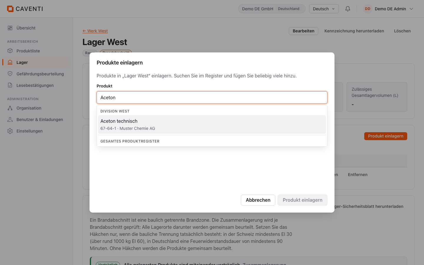 Dialog Produkte einlagern mit der Combobox Produkt und Registertreffern mit CAS- und Lieferantenzeile.