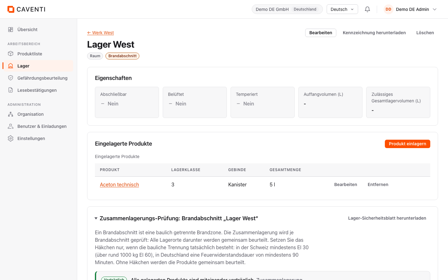 Lagerort mit einem einzelnen Produkt; die Zusammenlagerungs-Prüfung ist eingeklappt und Unter-Lager zeigt den Leerzustand.