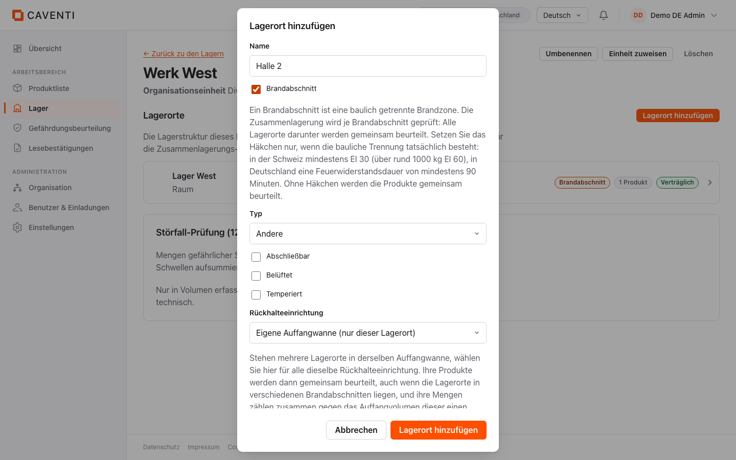 Lagerort-Dialog mit gesetzter Brandabschnitt-Checkbox und einem Namen für einen Brandabschnitt.