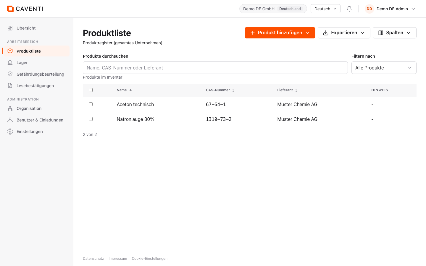 Produktliste mit den Zeilen Aceton technisch und Natronlauge 30 Prozent.