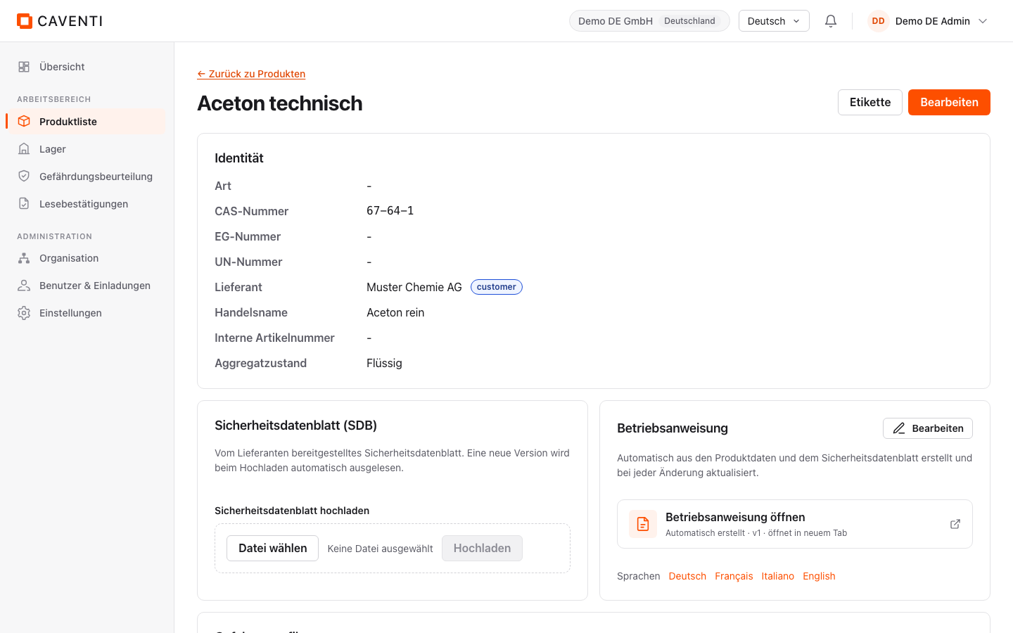 Produktdetailseite von Aceton technisch mit Gefahrenprofil und Kennwerten.