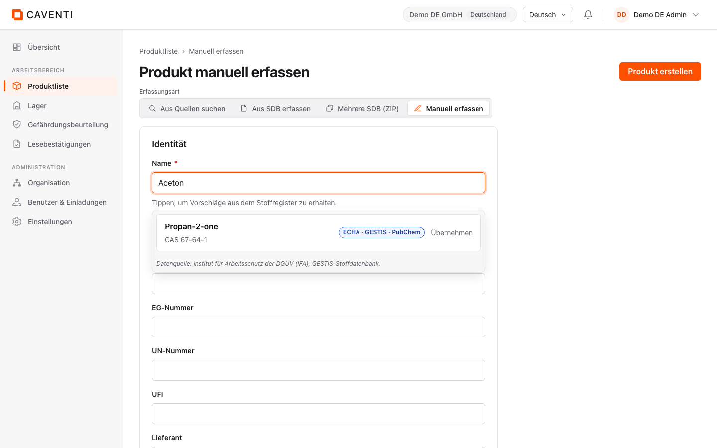 Manuelles Formular mit Typeahead-Vorschlägen aus dem Register.