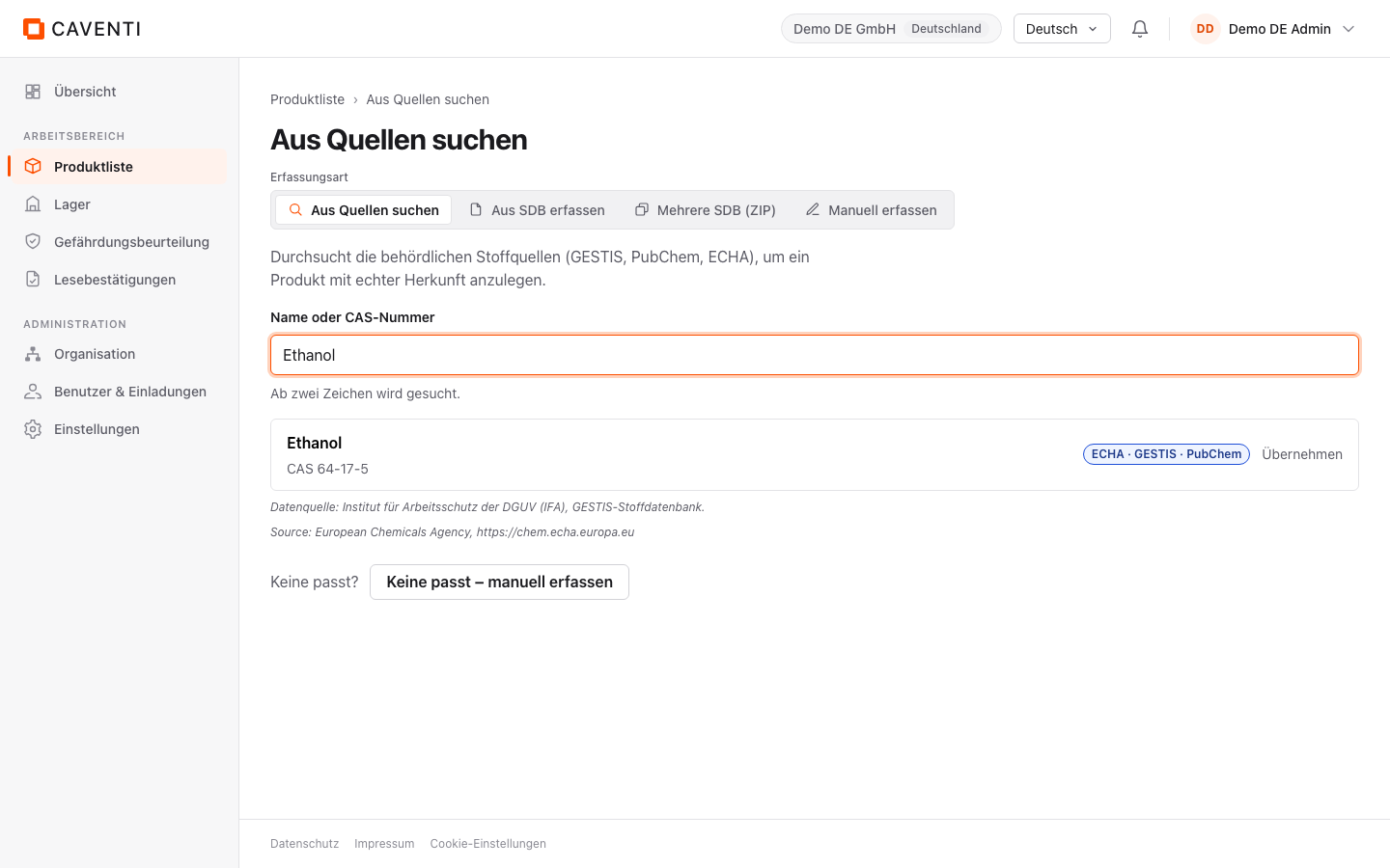 Zusammengeführte Suchergebnisse für Ethanol mit Quellenangabe je Karte.
