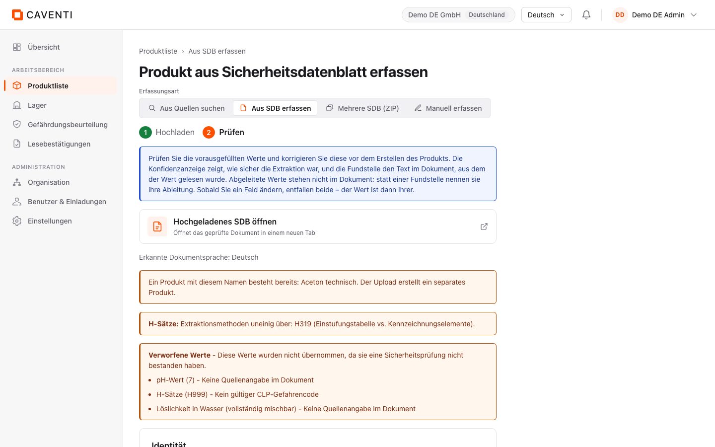 Prüfformular nach der Extraktion mit Sicherheitshinweisen.