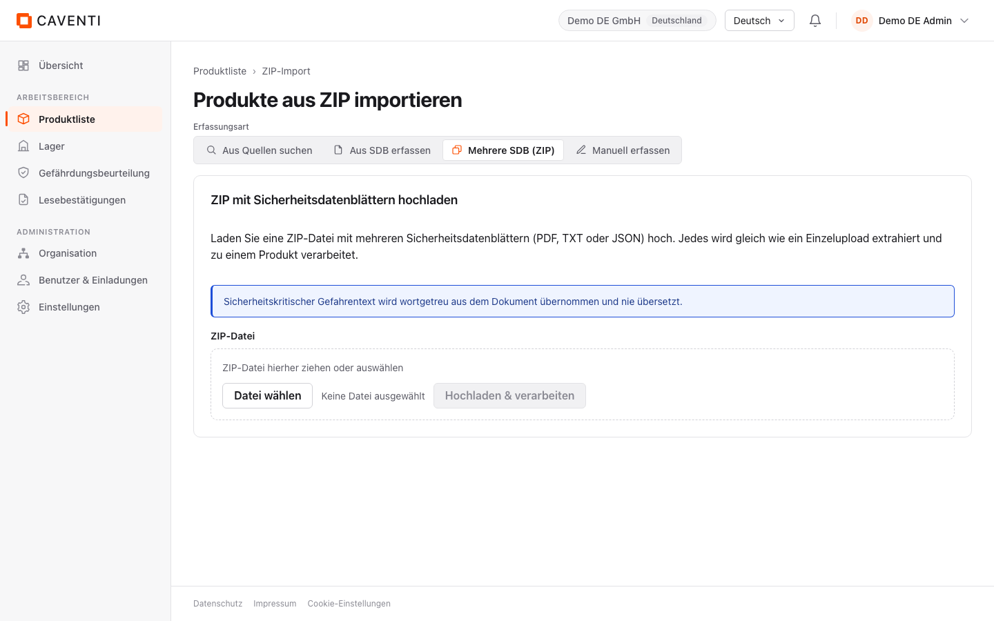 ZIP-Import-Tür für mehrere Sicherheitsdatenblätter.