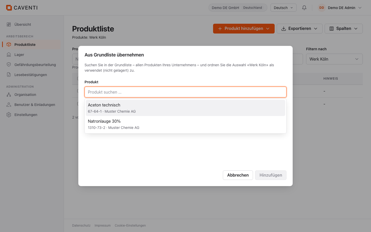 Dialog Aus Grundliste übernehmen für eine Organisationseinheit.