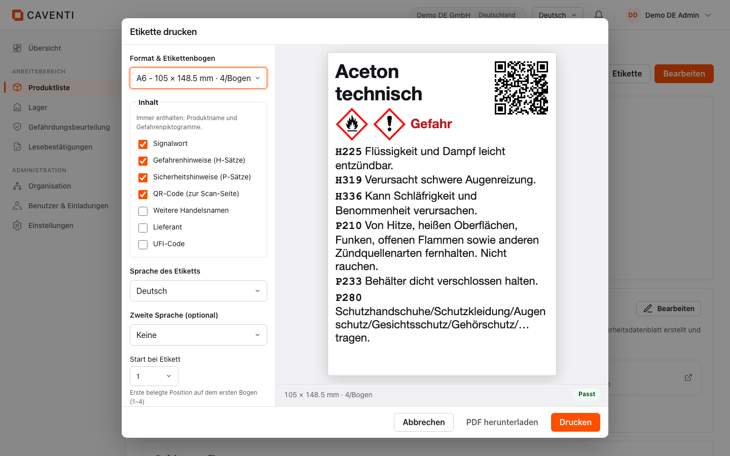 Dialog Etikette drucken mit angehakter Checkbox QR-Code (zur Scan-Seite) und dem QR-Code auf der Live-Etikettenvorschau.