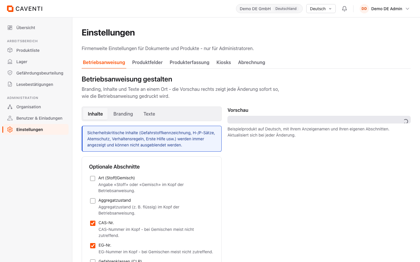 BA-Studio Inhalte-Einstellungen mit dem angehakten Block QR-Code (Etikette).
