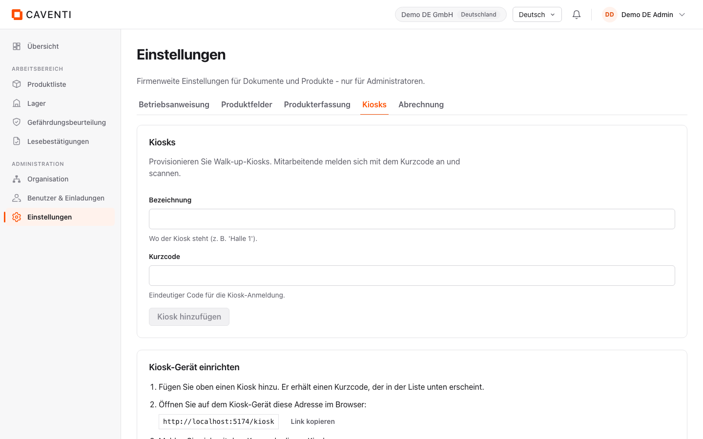 Einstellungen-Reiter Kiosks mit dem Formular Bezeichnung und Kurzcode und der Anleitung Kiosk-Gerät einrichten samt Link kopieren.