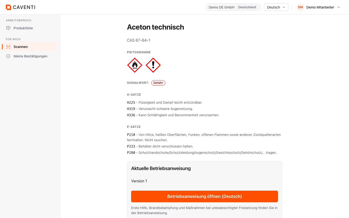 Scan-Ergebnis für Aceton technisch mit Piktogrammen, Signalwort, H- und P-Sätzen, der Karte Aktuelle Betriebsanweisung Version 1 und dem Knopf Gelesen und verstanden.