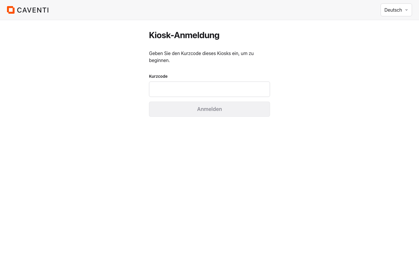 Kiosk-Anmeldung mit dem Feld Kurzcode und dem deaktivierten Knopf Anmelden.