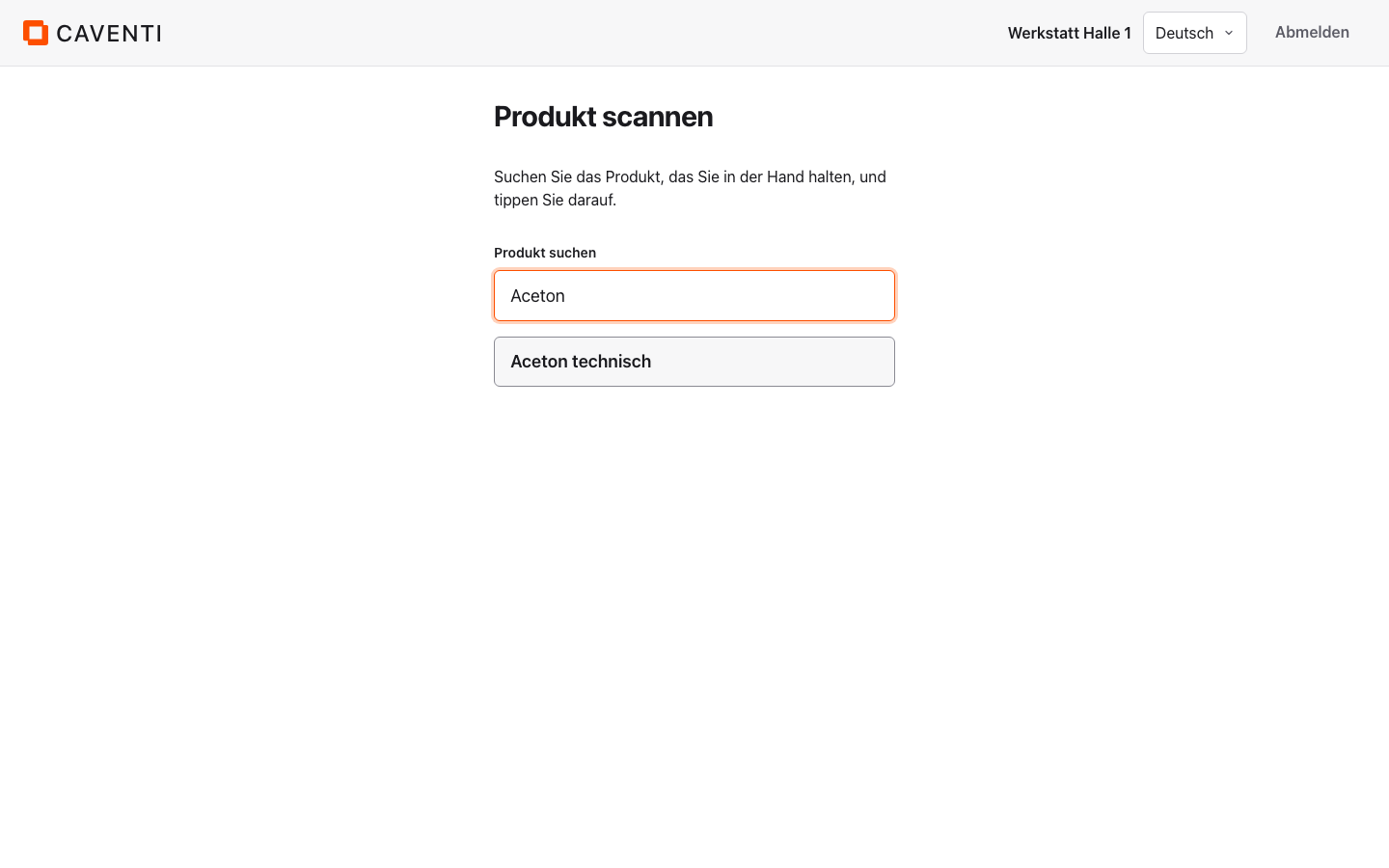 Kiosk-Bildschirm Produkt scannen als Fallback ohne Kamera mit durchsuchbarer Produktliste und Hilfetext.