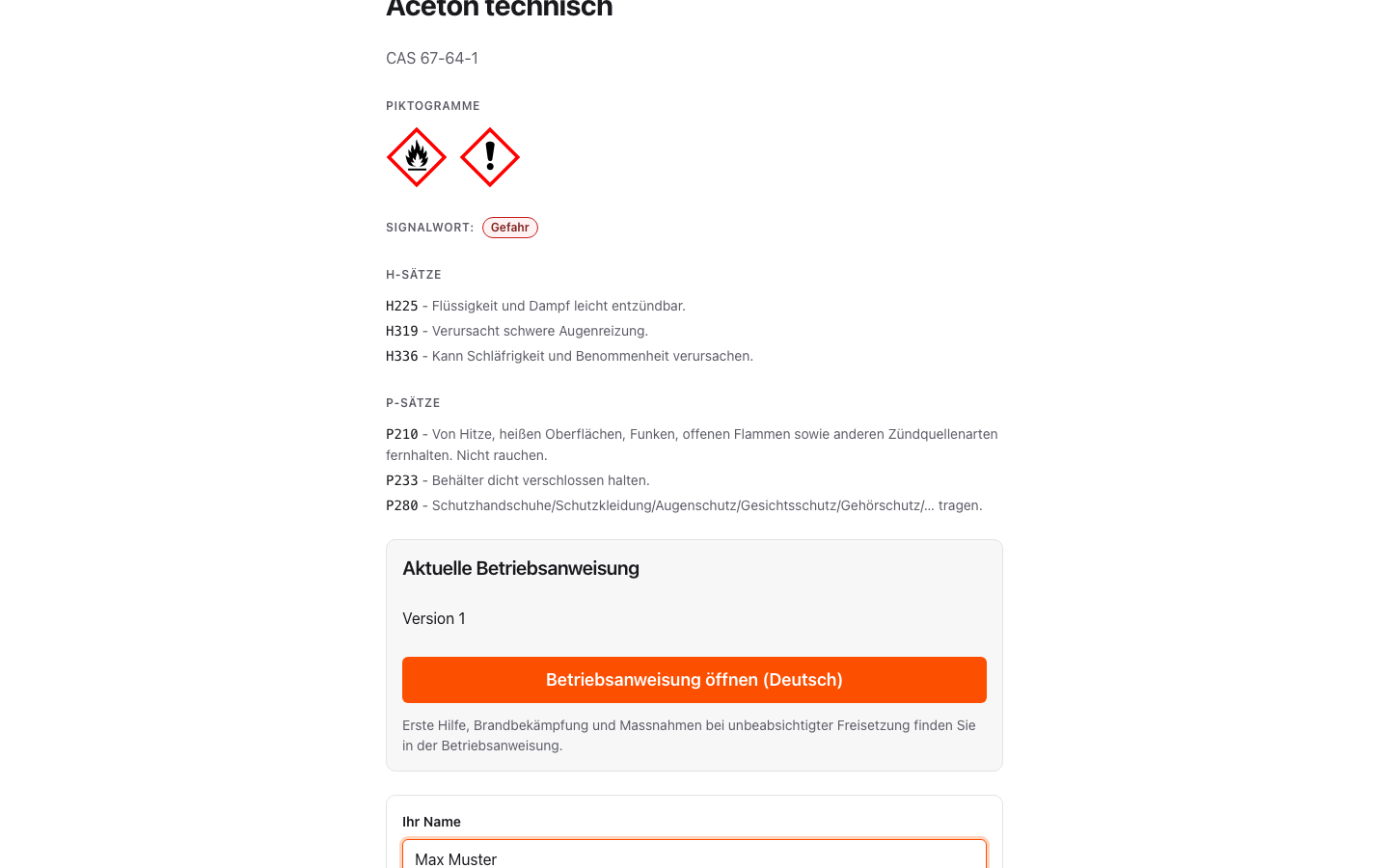 Kiosk-Ergebnis mit ausgefülltem Feld Ihr Name und dem nun aktiven Knopf Gelesen und verstanden.