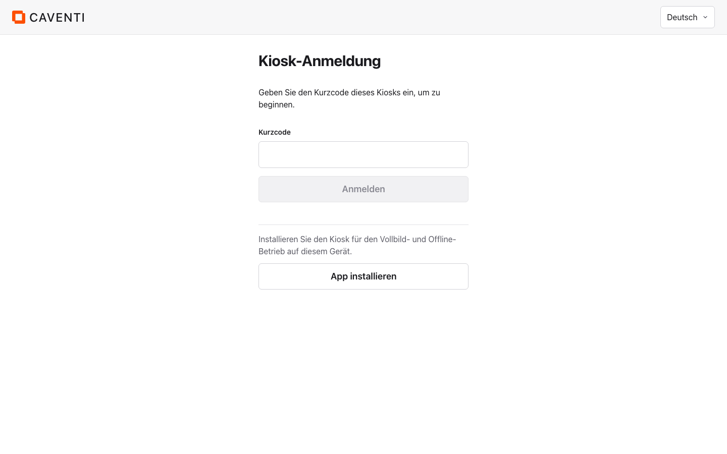 Kiosk-Anmeldung mit dem eingeblendeten Knopf App installieren nach einem Installationsangebot des Browsers.